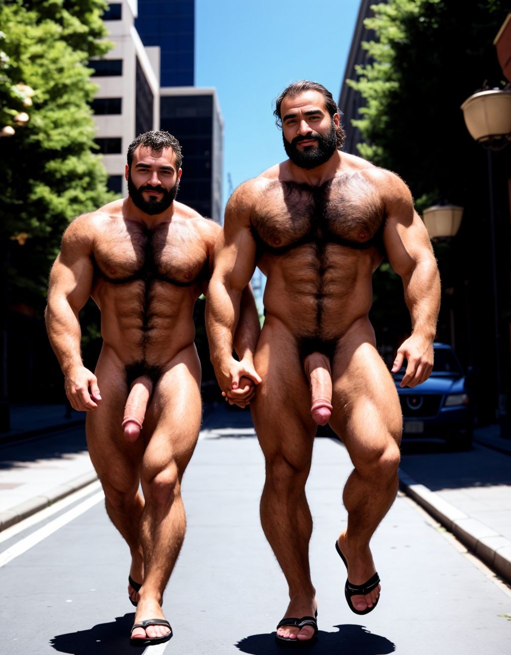 Dos hombres jóvenes desnudos musculosos y fibrosos. Tiene pene grande. Están andando por la calle. Tienen sandalias en los pies. El pene y los testículos se mueven al aire al andar. El enorme pene se dobla hacia el lado al ritmo del andar. Los testículos botan contra los muslos al andar moviéndose hacia afuera. Las manos tocan y acarician su propio pene. Tienen mucho pelo vello en el pecho. Tienen los pelos muy rizados y largos. El pelo es vaporoso y se mueve con el aire hacia adelante. 40