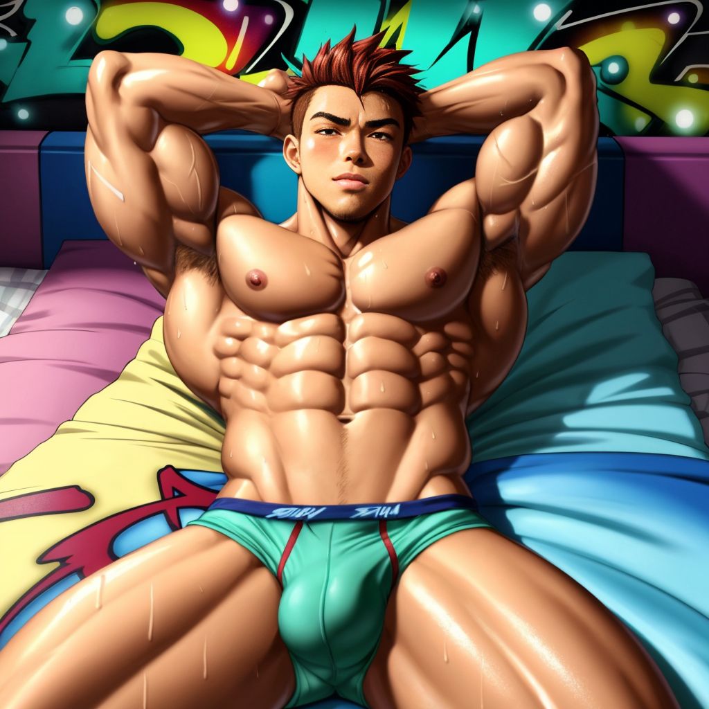 Estilo grafiti,Hombre musculoso, 25 años, tumbado en una cama, vistiendo solo ropa interior deportiva ajustada, mostrando su torso desnudo, piel bronceada, sudorosa y relajada, con un ambiente íntimo y sensual. estilo graffiti.
