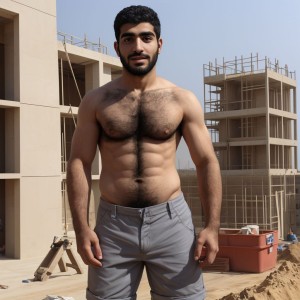 árabe, joven, velludo, sin camiseta, en obra de construcción, pantalon corto