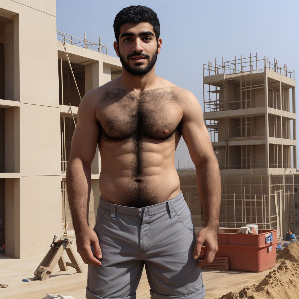árabe, joven, velludo, sin camiseta, en obra de construcción, pantalon corto