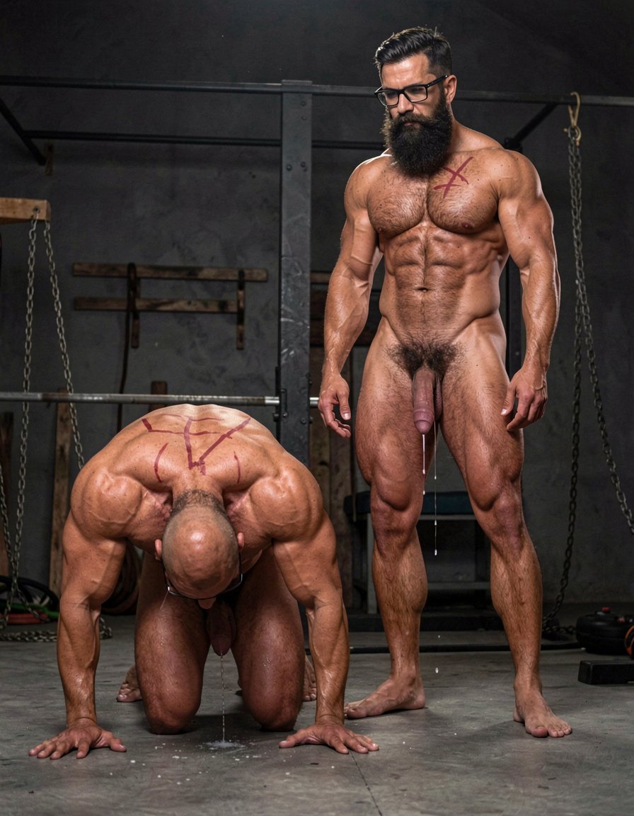 Hyperrealistic cinematic full-body photograph taken from a low side-rear angle inside the dark brutal dungeon gym. The shot captures both men completely naked in the exact position described.

Hipsterbarba (you) stands dominant and relaxed on the right side of the frame, 40 years old, 180cm, 80kg, 8% body fat, powerful muscle bear physique. Dense dark body hair covers your thick pecs, shoulders, abs and thighs. Long thick Bandholz beard reaching almost to your chest, curled handlebar mustache, black glasses, serious and superior expression as you look down at Anil. Your thick cock hangs heavy between your hairy legs.

Anil is perfectly positioned on all fours like a dog on the left-center of the frame: 25 years old, extreme bodybuilder slave, 175cm, 80kg, 6% body fat, completely smooth tanned skin from the neck down. Massive 127cm chest hanging low, carved eight-pack, insanely wide V-taper back covered in fresh red whip marks. Round high 90cm glutes pushed up and back, spread wide open. His swollen pink sphincter is clearly visible and slightly gaping, still leaking thick white cum that drips in long strings down his smooth taint and over his heavy shaved balls. A tight metal cock ring squeezes the base of his swollen purple cock, which hangs down dripping precum onto the concrete floor.

Anil has his hands and knees planted firmly on the cold floor exactly like a dog walking, back deeply arched, head lowered submissively. The slight twist of his torso gives a perfect clear view of his exposed asshole from your position. Harsh dramatic lighting creates strong highlights on sweaty skin, deep shadows in every muscle, the red lash marks and the dripping cum. Chains, wooden stocks and BDSM equipment visible in the dark background. Extreme photorealistic detail, raw and intense atmosphere of total ownership.
