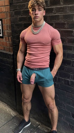 Hombre joven y musculoso posando de pie contra una pared de ladrillo oscuro en una calle, con expresión seria y mirada directa a la cámara. Lleva una camiseta ajustada rosa que marca el torso y los brazos, varios collares plateados gruesos, pulsera metálica, pantalón corto turquesa con cintura Calvin Klein visible y zapatillas negras. Una mano está metida en el bolsillo y la otra cae junto al cuerpo, resaltando sus piernas fuertes y definidas. En la parte frontal del pantalón corto sobresale de forma explícita el pene, visible fuera de la prenda, convirtiendo la escena en una pose provocativa de estilo urbano y exhibicionista.