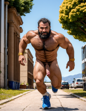 Hermes es el dios de los mensajeros, el comercio, los ladrones, y los viajeros. Es conocido por su velocidad y astucia. Tiene testículos grandes. Tiene mucho vello. Tiene 30 años de edad. Tiene calzado de alta velocidad. Está corriendo. Se ven los testículos hermosos colgando. Tiene pene grande y largo.