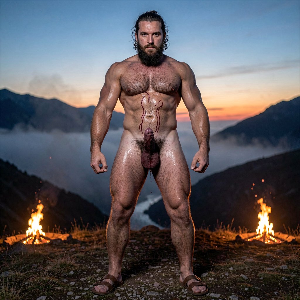 Amleth (Alexander Skarsgård) como berserker vikingo de 35 años, cuerpo entero desde los pies a la cabeza, 194 cm de altura. Cuerpo con 7% de grasa corporal, musculatura ultra definida de culturista guerrero. Desnudo frontal completo.Tiene un pene erecto de 24 cm de largo y tiene testículos asimétricos de 19 cm de perímetro, circuncidado, curvándose ligeramente hacia arriba en un ángulo de unos 30 grados respecto al cuerpo. Tiene glande grueso y bulboso de color rosado oscuro violáceo, altamente definido con la corona del glande marcada y pronunciada formando un borde elevado, uretra visible y ligeramente abierta en la punta con un pequeño punto de humedad. El tronco del pene es largo, recto y grueso, con una curva ascendente suave y constante, cubierto de venas gruesas, tortuosas y muy marcadas que recorren el lateral derecho, el lateral izquierdo y la parte inferior, destacando una vena principal que nace en la base y serpentea por todo el lateral hasta alcanzar el glande. La piel del tronco está tirante y brillante por la erección máxima, de un tono pálido grisáceo con matices rosados, mostrando la textura de la piel estirada. Frenillo tirante, visible y marcado en la parte inferior del glande, con pequeñas venas secundarias irradiando desde él. Vello púbico extremadamente denso, oscuro, espeso y rizado, en forma de V invertida pronunciada que sube desde la base del pene hasta el ombligo, con algunos pelos más largos enredados. Testículos grandes, cargados, colgando con el izquierdo notablemente más bajo que el derecho, piel del escroto muy arrugada, texturizada, con pliegues profundos, de un tono más claro y ligeramente rosado, cubierta de vello fino oscuro, con venas visibles recorriendo la superficie del escroto. Sudor brillante en toda la zona genital, pequeñas gotas deslizándose por el tronco del pene, rastros de barro seco y sangre oscura en el vello púbico y en la base del pene.Sandalias de cuero rudimentarias en los pies atadas con tiras, piernas separadas a la altura de los hombros en posición de poder. Fondo de fiordo nórdico al anochecer con niebla baja espesa, antorchas de fuego real iluminando desde abajo y desde un lateral creando sombras dramáticas alargadas, contraluz de un cielo crepuscular azul profundo y naranja, iluminación de tres puntos cinematográfica, estilo visual de Robert Eggers con grano de película de 35mm, hiperrealismo extremo, textura de piel fotográfica con poros visibles, alta definición 8K, contraste alto, fotografía de cine de autor con lente gran angular ligero, composición simétrica, sombras profundas en los pliegues musculares, reflejos de luz en el sudor y en la humedad del glande.