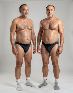 masterpiece, best quality, photorealistic, ultra detailed, raw photo, 8k, two identical middle-aged Latin men standing side by side, exact same face, balding with receding hairline, short dark hair, stubble beard, serious expression, slightly chubby dad bod, very hairy chest and belly, hairy legs, dense black pubic hair, same skin tone, both completely naked except for matching white socks with red and gray toe and heel patterns, full body view, clean minimalist white studio, plain light background, one man slightly turned, one facing forward, natural relaxed pose, arms at sides, exact same oversized 40-inch long thick penis copied from reference with identical length, extreme thickness, upward curve, large glans, prominent veins, skin texture, and heavy balls, perfectly attached with dense black pubic hair, realistic human proportions, sharp detail, natural soft studio lighting, score_9, score_8_up, source_real, photoreal