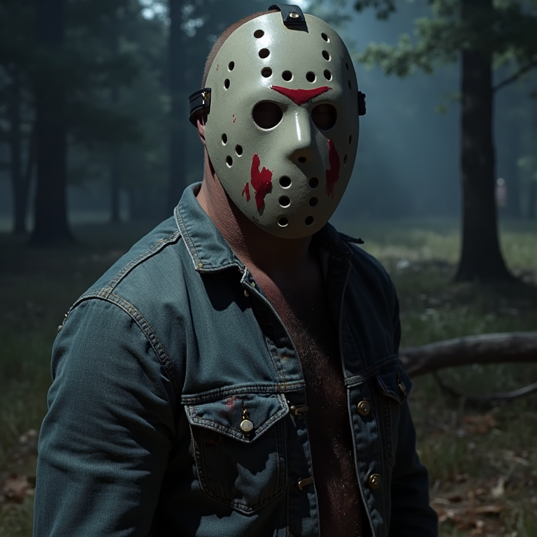 Jason Voorhees, el icónico asesino de la franquicia de terror Viernes 13, se encuentra en el centro de la escena, llevando su característica máscara de hockey manchada con semen, lo que sugiere una escena de violencia y horror sexual. La máscara, que normalmente es un símbolo de miedo y anonimato, ahora lleva una mancha que implica una violación de su personaje, añadiendo un elemento de degeneración y perversión a su ya aterradora presencia.

La escena se desarrolla en un entorno oscuro y sombrío, posiblemente en los alrededores del Camp Crystal Lake, donde Jason ha sembrado el terror durante décadas. La iluminación es tenue, con sombras que se proyectan sobre el suelo y los árboles, creando un ambiente de suspense y miedo.

Jason, con su máscara manchada, parece estar listo para atacar, su postura amenazante y su mirada fija en algún punto en la distancia, posiblemente en su próxima víctima. Su ropa está desgarrada y ensangrentada, lo que sugiere que ha estado involucrado en una lucha reciente. La mancha de semen en su máscara es un recordatorio de la violencia y la depravación que ha cometido, y que está listo para seguir sembrando el terror en aquellos que se atreven a entrar en su territorio.

La escena es una mezcla de horror, violencia y sexualidad, con Jason Voorhees como el centro de la atención, listo para desatar su furia sobre cualquier persona que se cruce en su camino. La imagen es intensa y perturbadora, y es un recordatorio de la oscuridad y la depravación que puede existir en el mundo del horror.