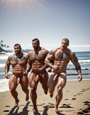 Tres soldados de caballería, desnudos musculosos y muy tatuados, de 30 años de edad, disfrutan de su día de descanso haciendo deporte en una playa del Pacífico, están corriendo en la orilla del mar, están desnudos y mostrando su grandes penes y hermosos testículos. Tienen mucho vello por todo el cuerpo. Hay mucha luz solar alumbrando todo el ambiente. Sus genitales se mueven hacia los lados chocando con sus muslos de las piernas