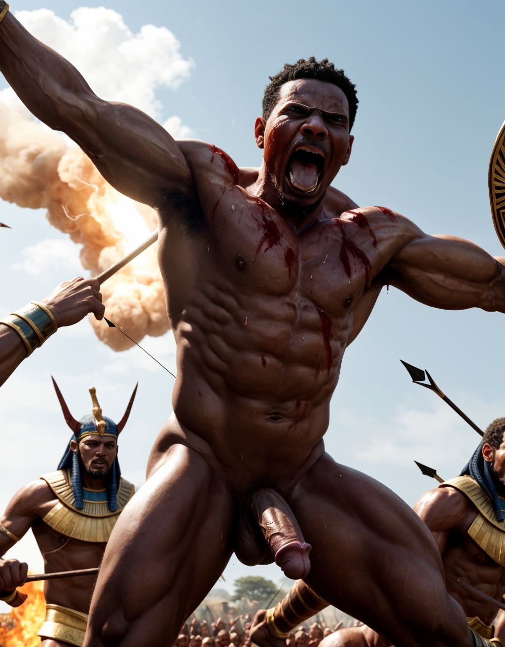Ramsés 2 desnudo, testículos grandes, pene prominente, dispara flechas desde carro de guerra, rodeado de soldados desnudos heridos, sangre y sudor en la piel, tres guerreros musculosos lo flanquean, un esclavo abraza a uno, recibiendo sexo oral, pene en boca, gritos de guerra, pasión desinhibida, intensa batalla, cuerpos tensos.