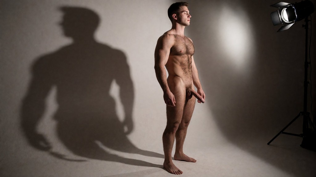 Sombra de un Hombre musculoso y muy velludo  de pie de cuerpo entero desde los pies hasta la cabeza, en plano lateral. El personaje no se ve, en la imagen solo está su sombra  en plano lateral  reflejada en la pared (NO PERSONAJE A LA VISTA) iluminación plana con focos iluminando desde el lateral derecho 