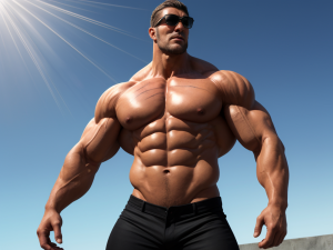 hombre musculoso gigante, 190 cm de altura, 120 kilos de músculo, pectorales de 15 cm de grosor, bíceps de 50 cm de circunferencia, cintura de 85 cm, muslos de 70 cm, torso en V marcado, abdominales definidos, brazos venosos y tatuados, piel bronceada, gafas de sol, pantalones negros ajustados, pose dominante, iluminación solar intensa, sombras marcadas, anatomía hiperrealista, sin censura, fondo exterior soleado, músculos extremadamente definidos, venas visibles, expresión de superioridad