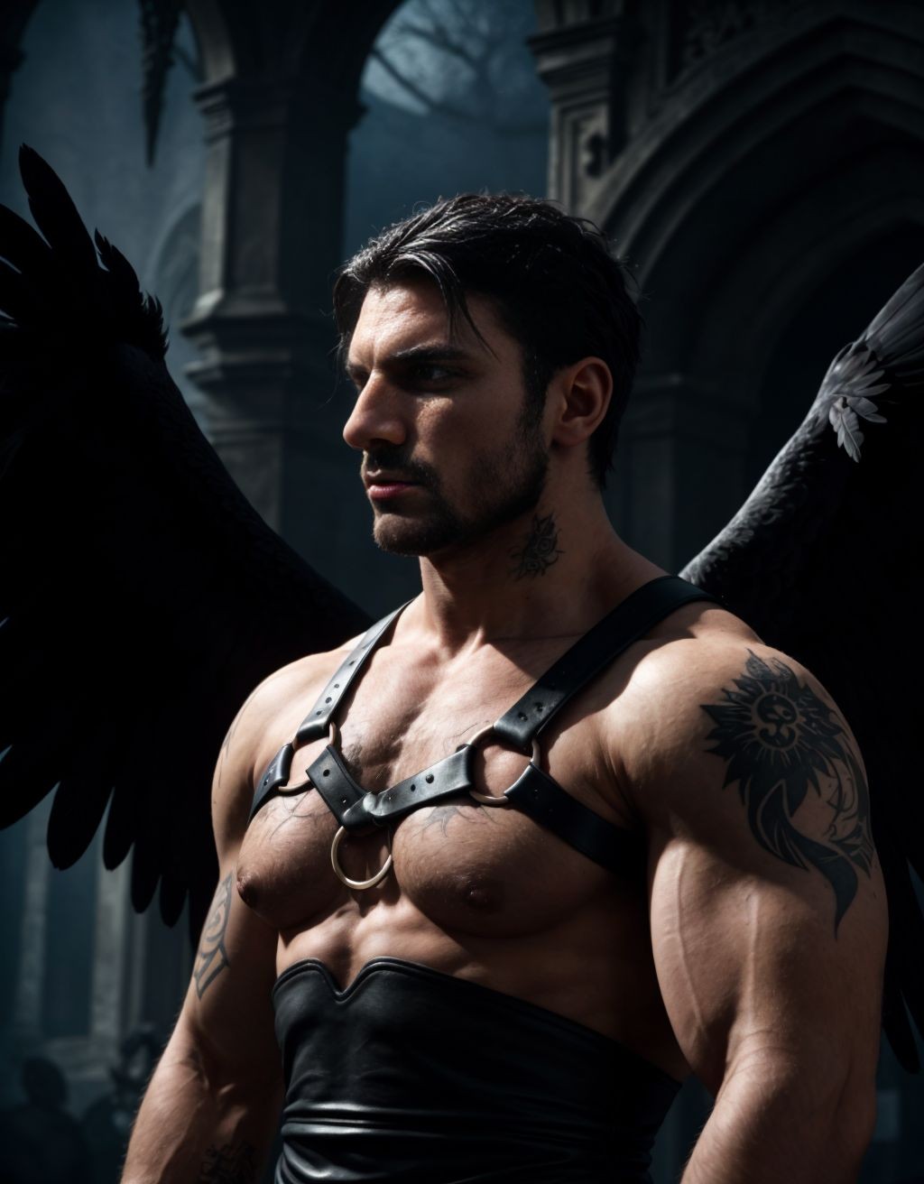 Hombre musculoso con arnés gótico, rodeado de cuervos negros, tatuajes oscuros, ojos intensos, cabello negro despeinado, ambiente sombrío y misterioso, cuervos sobre sus hombros y brazos, plumas negras esparcidas, ropa oscura y ajustada, detalles góticos y simbólicos, atmósfera oscura y emotiva.