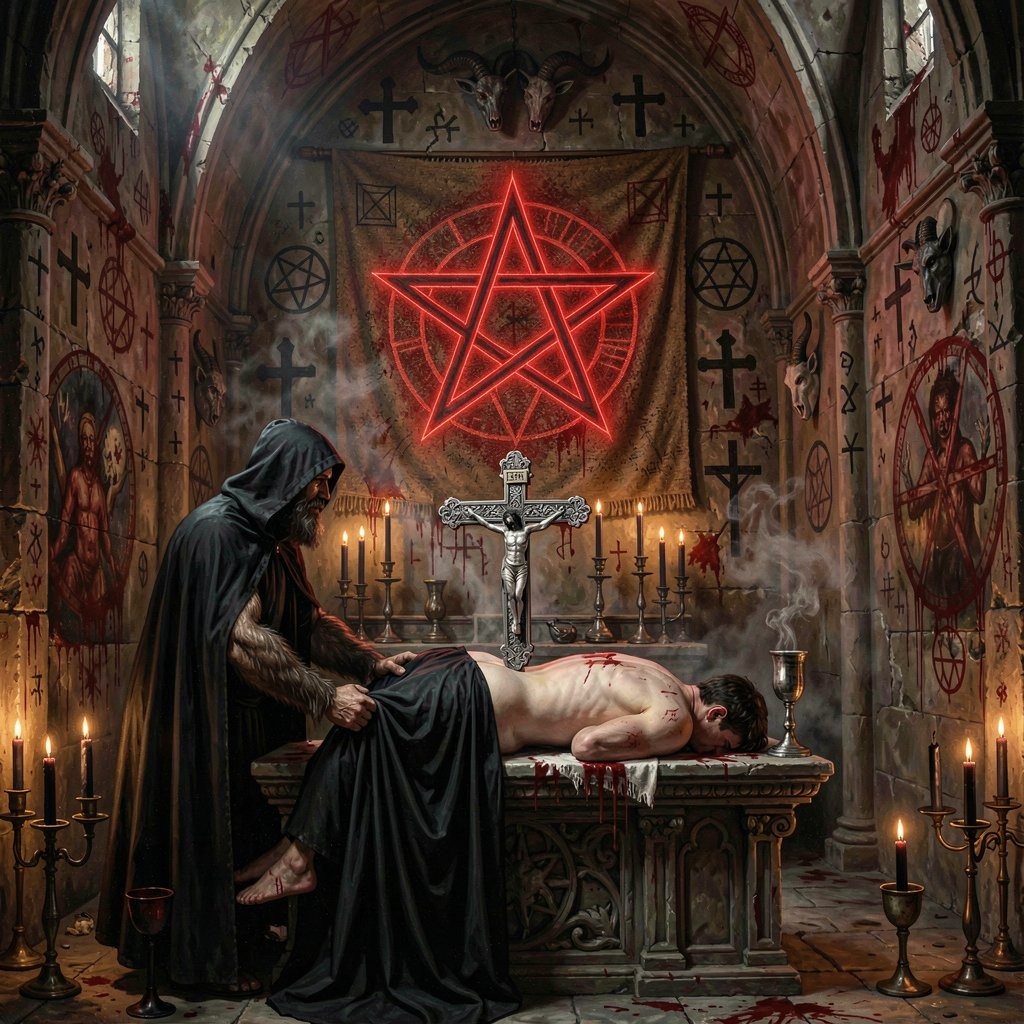 Un ritual oscuro ocupa el interior de una capilla gótica profanada, iluminada por velas y marcada por símbolos satánicos, cruces invertidas y pentagramas pintados en los muros. En el centro, un hombre desnudo yace boca abajo sobre un altar de piedra, con manchas de sangre en la espalda y el costado, mientras una figura encapuchada con túnica negra se sienta a su lado y apoya una mano sobre su cuerpo en actitud ceremonial. Detrás del altar aparece un crucifijo plateado y, dominando la escena, un gran pentagrama rojo luminoso resplandece sobre un tapiz, rodeado de humo, candelabros, cálices y una atmósfera siniestra de sacrificio, ocultismo y liturgia macabra.