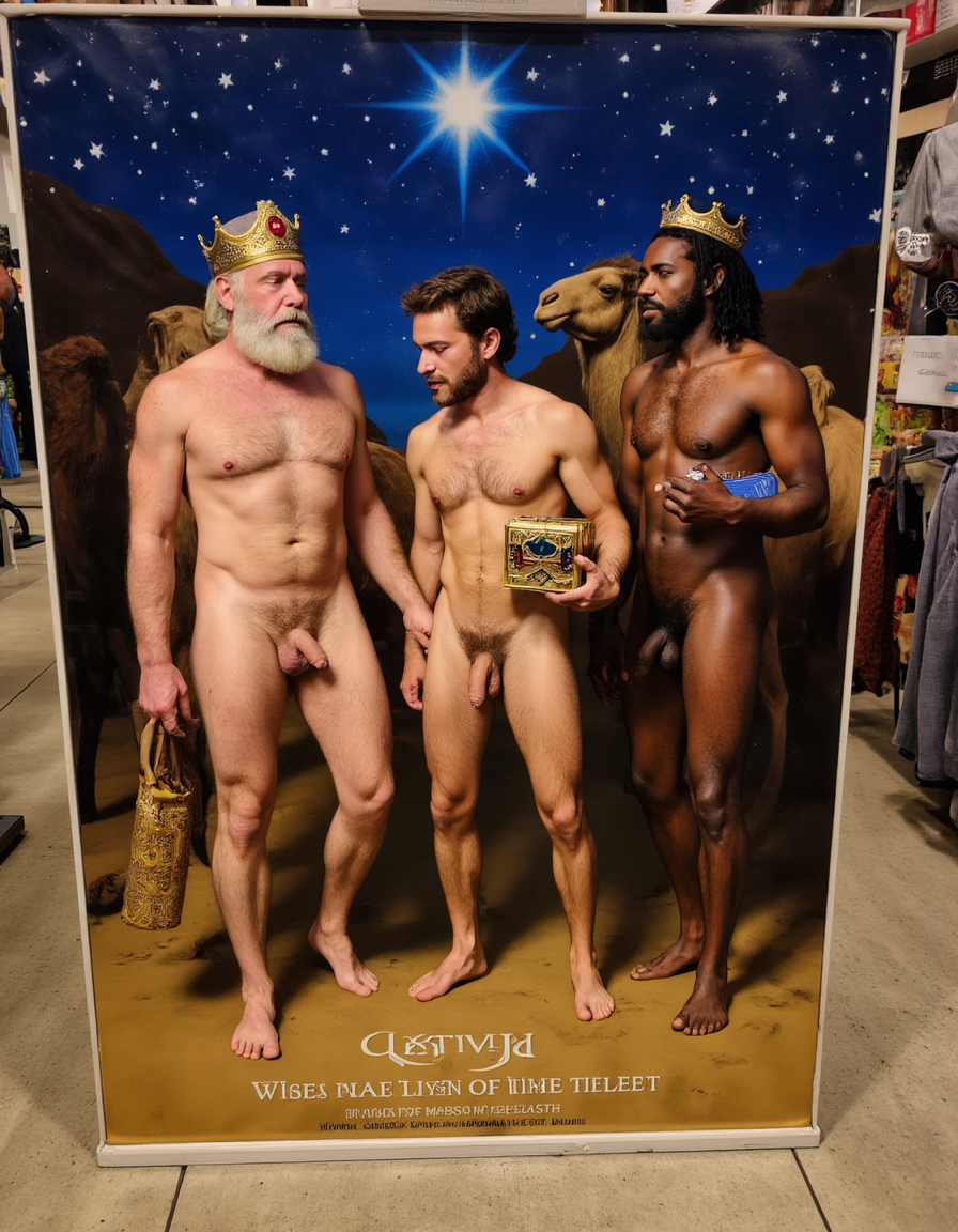 Los Reyes Magos:
Melchor es un hombre de 60 años, tiene una larga cabellera, tiene barba blanca, es de Europa. Está totalmente desnudo pero lleva corona de rey 👑, en sus manos lleva un cofre con oro. Tiene un cuerpo con músculos marcados y definidos. Tiene un pene erecto de 36 cm de longitud y 7 cm de diámetro. Tiene mucho vello corporal blanco.

Gaspar es un hombre de 30 años con rasgos asiáticos y una barba rubia, está totalmente desnudo pero lleva una corona de rey 👑, tiene un cuerpo atlético y vigoroso, tiene mucho vello corporal rubio, tiene una bandeja con incienso en sus manos. 👑💪🏼
Baltasar es un hombre de 45 años de edad proviene de África, tiene piel oscura, es moreno, lleva un tarro de mirra. Tiene cuerpo atlético con músculos muy marcados, tiene mucho vello negro rizado por todo el cuerpo, su cabello es abundante rizado y negro, tiene una barba negra abundante, tiene un enorme pene erecto de 40 cm de longitud y 9 cm de diámetro. 👑
En el fondo hay tres camellos y la estrella de Oriente, y muchas pequeñas estrellas de colores. En el suelo está escrito: “Reyes de Oriente” en español.