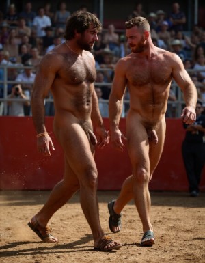 Un torero español musculoso y velludo de 50 años, con torso atlético y marcado, se muestra completamente desnudo, destacando su pene de 30 cm de longitud y 5 cm de grosor, perfectamente formado y rodeado de un denso vello púbico castaño oscuro. Sus testículos, perfectamente formados, cuelgan de forma prominente. La piel bronceada y sudorosa resalta su musculatura definida, con pectorales y abdominales bien marcados y sin grasa. El cabello largo y castaño oscuro está despeinado y sudoroso, con gotas de sudor resbalando por su frente y mejillas. Una barba incipiente y un vello corporal denso que se extiende por su pecho, piernas y brazos completan su apariencia viril. Lleva sandalias marrones en sus pies.

A su lado, un hombre musculoso y velludo de 30 años, completamente desnudo, muestra un pene erecto de 30 cm de longitud y 4 cm de grosor, hermoso y perfecto, rodeado de un denso vello púbico pelirrojo. Su piel bronceada y sudorosa muestra una musculatura definida, con pectorales y abdominales muy marcados. Tiene cabello pelirrojo despeinado y sudoroso. Tiene una barba pelirroja densa pero bien recortada. El vello corporal pelirrojo denso cubre su pecho, y tiene mucho vello pelirrojo en sus piernas y brazos, lo que realza su apariencia masculina y atlética. Están andando en la plaza de toros 

Ambos hombres se encuentran en una plaza de toros, con sombras que resaltan su musculatura y vello corporal, creando un ambiente sensual y cargado de tensión. Están en pleno acto de pasión, con sus penes erectos y testículos prominentes ,destacando su musculatura, vello corporal y atributos viriles en una imagen impactante y llena de energía. La escena está llena de sensualidad y poder, con los dos hombres como protagonistas, en un ambiente cargado de pasión y erotismo. La imagen es híper realista, con detalles de alta calidad, y muestra la unión de los dos hombres en un acto de pasión y dominio, con sus cuerpos musculosos y velludos completamente desnudos y visibles, mostrando su excitación y pasión en cada detalle. Tienen sus penes erectos, desde la uretra del glande del pene eyaculan semen blanco lanzado en abundancia.