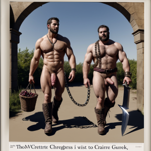 Dos hombres machos musculosos desnudos muy viriles con pene grande y testículos grandes y peludos. Caminando 10 ⛓️⛓️ 🍇 🍒 🌞 🥾🥾 🥾 ⛓️  ⚓️🪝 ⛓️ ⚙️ 🗡️ 👳🏻‍♂️ 👲🏼 📚 🗞️ 