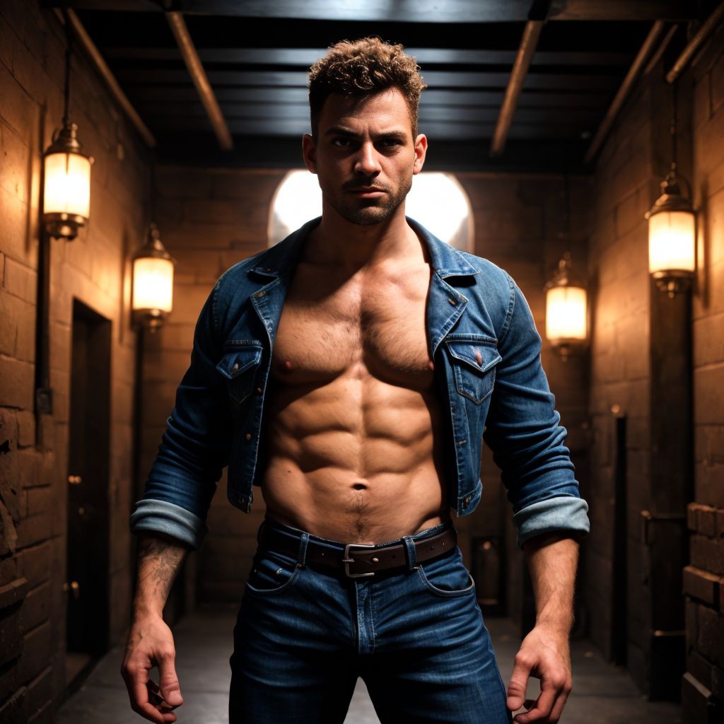 Dos hombres de 30 años, pene visible, con chaquetas de denim desgastadas y arneses de cuero gastados, en una celda de mazmorra oscura y vibrante, con expresiones de desafío y cansancio, posados dinámicamente, con colores intensos y líneas exageradas, inspirado en Lichtenstein y Basquiat