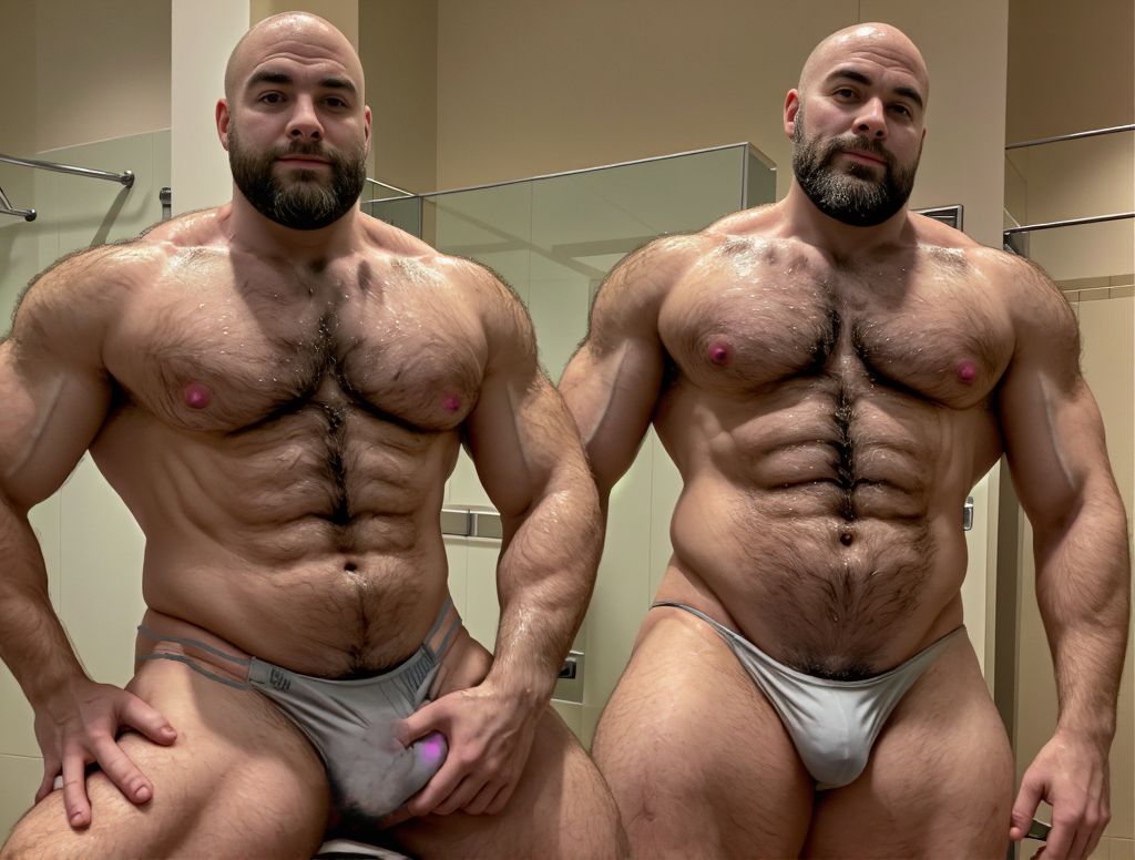 Pareja de hombres musculosos de 50 años, son muy musculosos y velludos, cabeza rapada, llevan calzoncillo blanco un poco sucio marcando el paquete, se lo tocan con aire provocativo. Se encuentran en las duchas del gimnasio