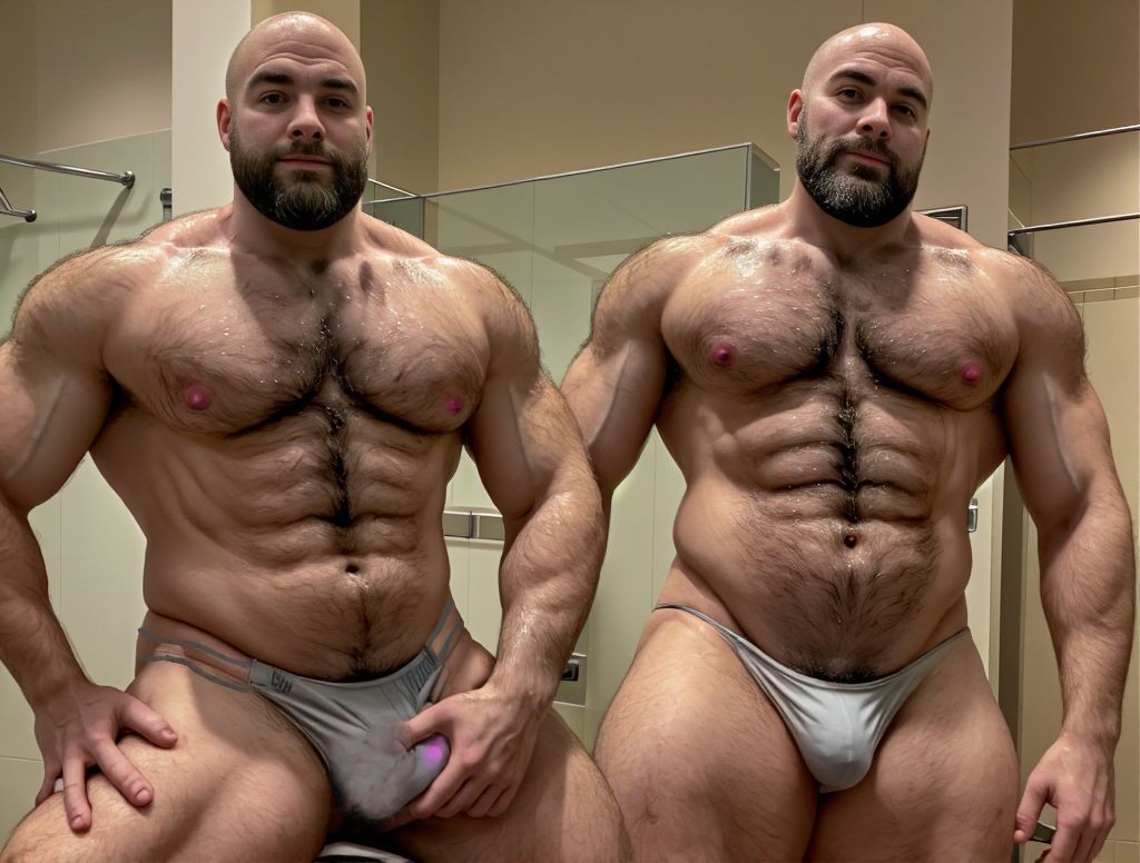 Pareja de hombres musculosos de 50 años, son muy musculosos y velludos, cabeza rapada, llevan calzoncillo blanco un poco sucio marcando el paquete, se lo tocan con aire provocativo. Se encuentran en las duchas del gimnasio