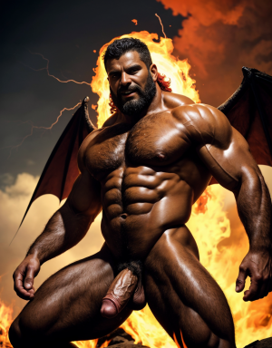 Cneo Pompeyo Magno desnudo con pene grande y testículos grandes peludos. Dobla el brazo derecho para enseñar los bíceps del brazo derecho con gran orgullo. Tiene mucho vello por todo el cuerpo. Está bronceado. Tiene corona de oro. Tiene alas de diablo negras y rojas oscuro. Los brazos están hacia arriba implorando rayos y fuego. Tiene un chorro de fuego en el pene que sale a chorros rojos hacia arriba de su pene erecto tieso hacia arriba. Sus ojos son grandes y rojos. Está enseñando sus grandes testículos. Tiene testículos grandes y oscuros. Está alumbrado con mucha luz roja por todo el cuerpo. Es muy atractivo. Está rodeado de llamas y humo. Tienen cara de maldad y con barba. Se ven los pies. ¿Donde están sus pies? quiero ver los pies