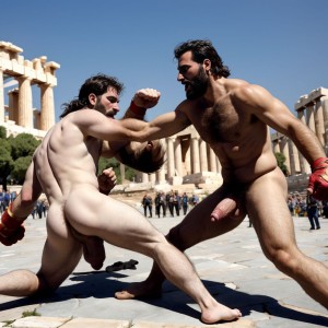 Harmodio y Aristogitón están desnudos. Tienen grandes testículos muy velludos. Luchan a puño limpio contra Hipias e Hiparco en Atenas. La lucha es fuerte y se dan golpes en el abdomen,