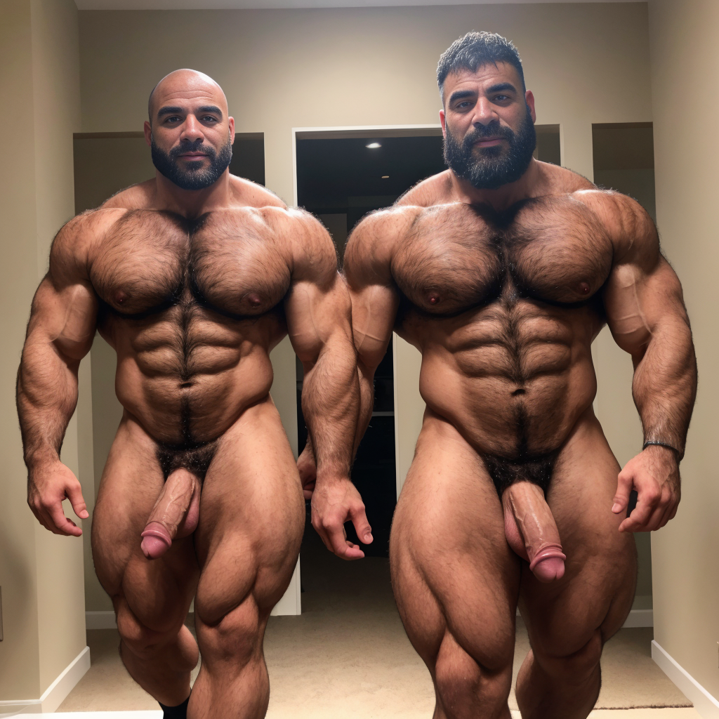 Dos hombres machos musculosos desnudos muy viriles con pene grande y testículos grandes y peludos. Caminando 10 👔🥻👠👡