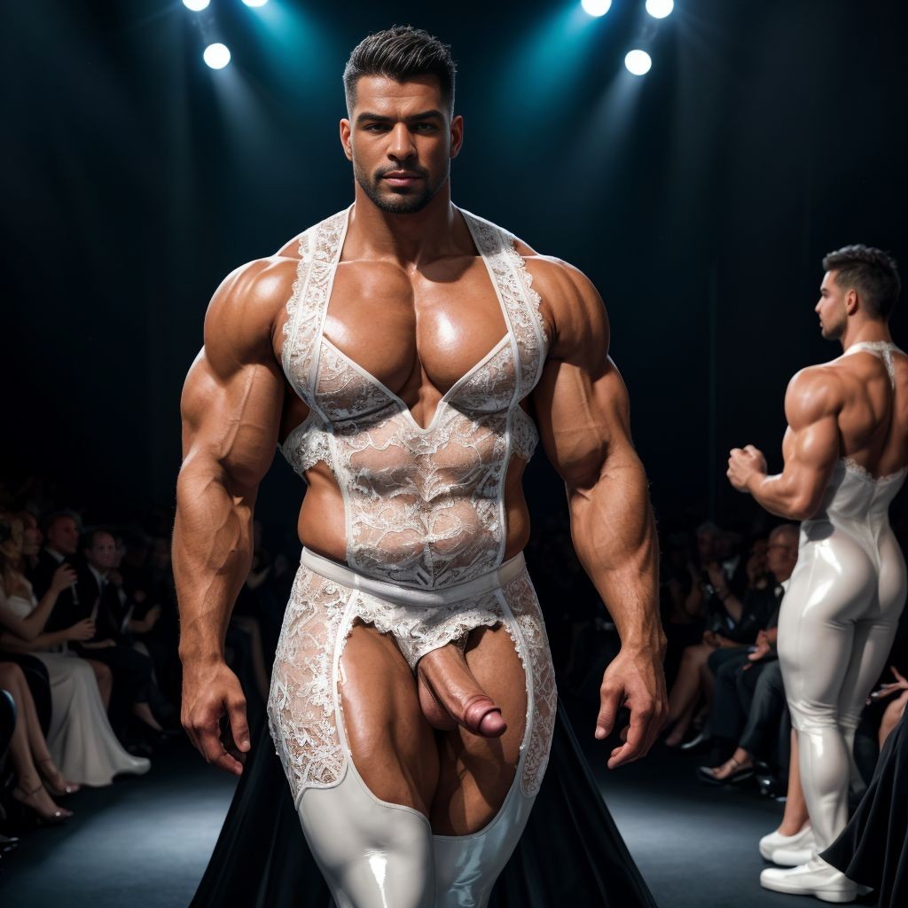 Modelo masculino musculoso desfilando en una pasarela oscura bajo focos azules y blancos, con el torso aceitado y muy definido, llevando un conjunto blanco de encaje transparente tipo lencería con tirantes, escote profundo y paneles ajustados que dejan al descubierto gran parte del pecho, abdomen, muslos y el pene. La prenda combina detalles delicados de bordado floral con piezas brillantes de aspecto vinílico en las piernas, creando un contraste entre moda íntima, exhibición corporal y estética de culturismo. Al fondo aparece otro modelo de espaldas con un atuendo blanco similar y zapatillas, mientras el público permanece sentado a ambos lados de la pasarela en un ambiente de desfile de moda provocador y teatral.