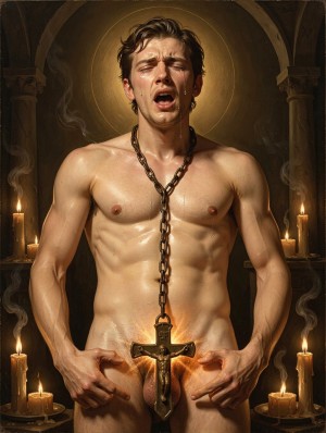 Un hombre desnudo aparece de frente en una escena de estética religiosa y oscura, con el torso musculoso iluminado por velas y un halo dorado detrás de la cabeza. Lleva una pesada cadena metálica alrededor del cuello que cae por el pecho hasta una gran cruz situada sobre la zona genital, cubriendo el pene mientras los testículos quedan parcialmente visibles. Su expresión es intensa, con la boca abierta y los ojos cerrados, como en un gesto de éxtasis, dolor o trance místico. El fondo muestra arcos de piedra, humo de incienso y varias velas encendidas, creando una atmósfera barroca, ritual, sacrílega y dramática.