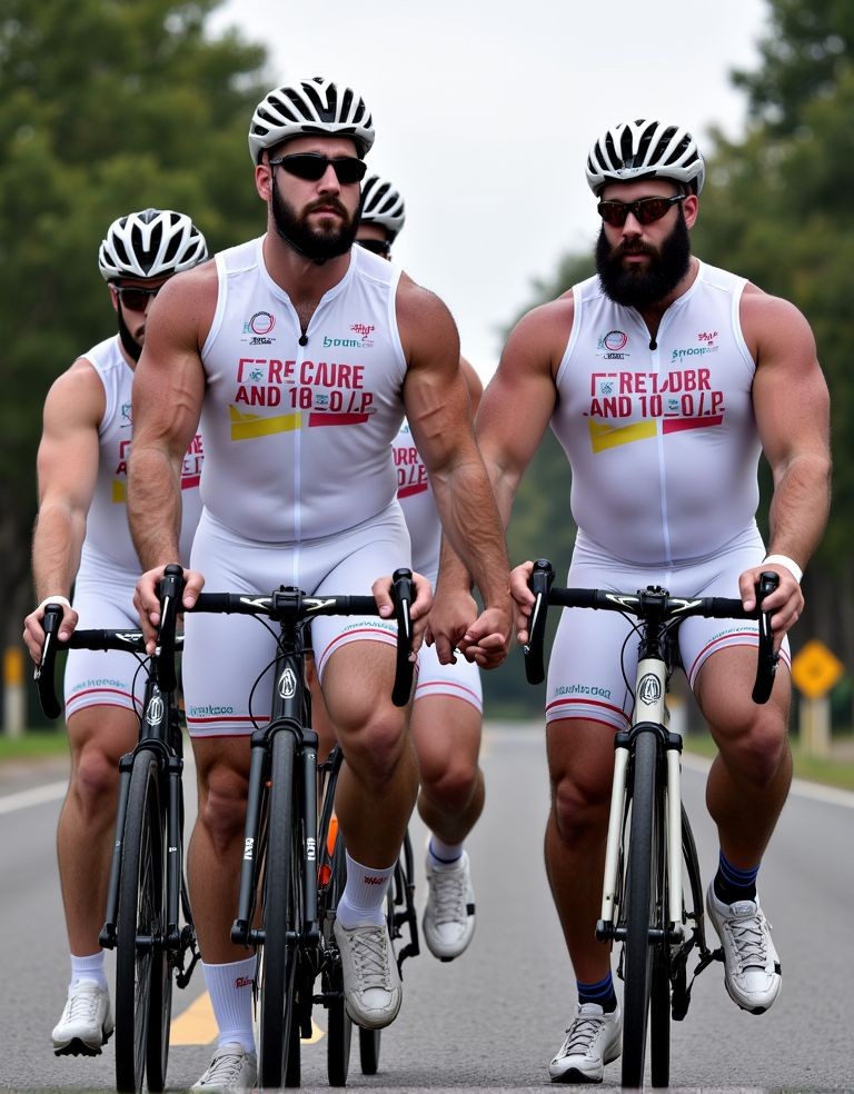 Cinco chicos de mediana edad, cuerpos grandes musculosos con barbaa, todos con traje de triatlón blanco (((marcando enormes bultos))  en sus bicicletas, pertenecen a un equipo de triatlón gay y llevan distintivos de este equipo, casco y gafas iguales
