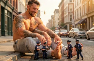 Un hombre gigantesco, sonriente y sin camiseta, está sentado en el bordillo de una calle urbana al atardecer, con pantalones de chándal grises, pies descalzos y numerosos tatuajes en brazos, pecho y hombros. Su escala desproporcionada contrasta con varios policías diminutos que permanecen frente a él, armados y uniformados, como si intentaran controlar la situación alrededor de sus enormes pies. La escena combina realismo callejero y fantasía surrealista, con coches aparcados, edificios altos, escaparates y una luz cálida que ilumina la avenida, creando una imagen llamativa de gigante tatuado, agentes en miniatura, ciudad moderna y encuentro absurdo en plena vía pública.