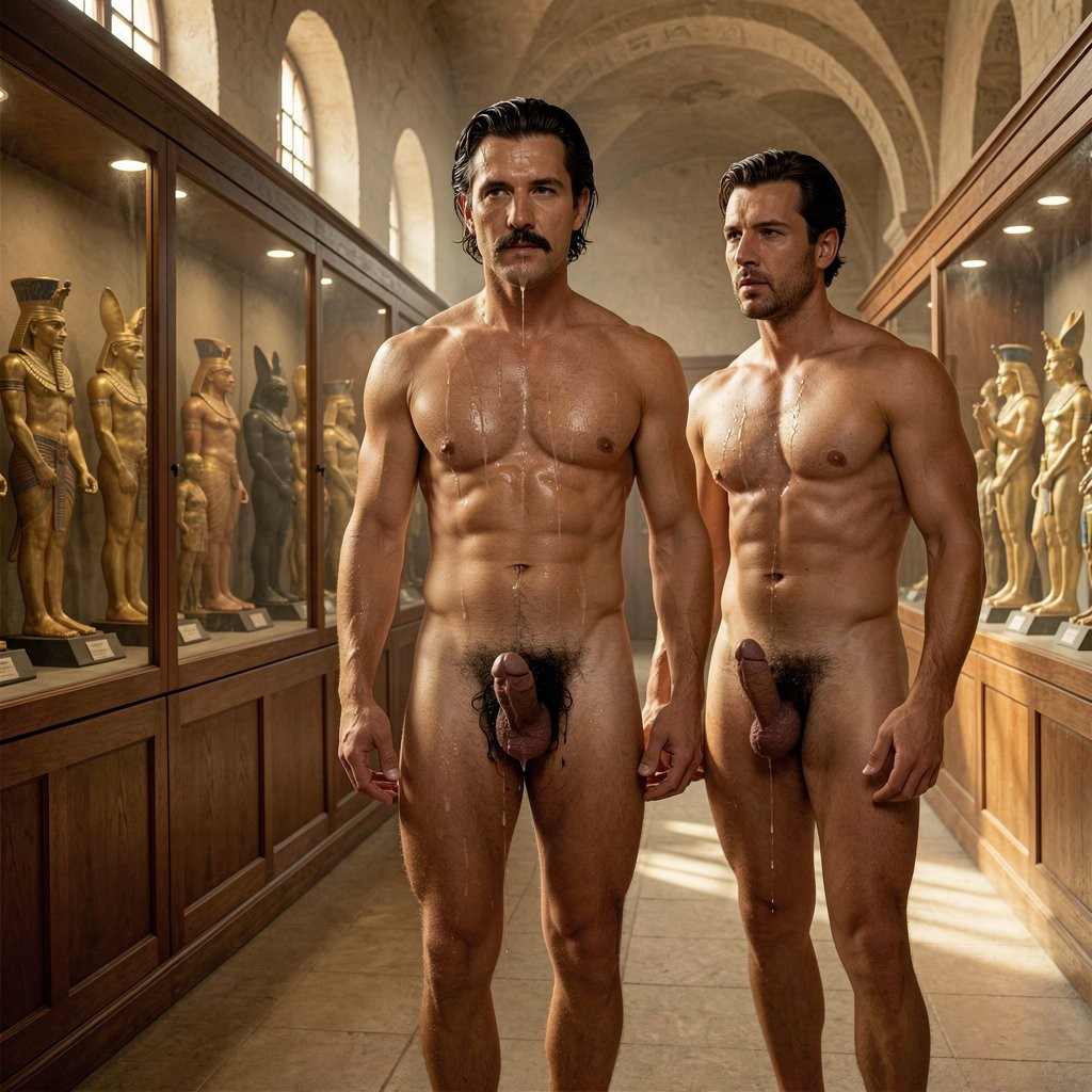 Two naked men walk down a museum corridor with glass display cases on both sides, surrounded by classical sculptures and ancient figures displayed on pedestals. Both have muscular bodies, defined torsos, body hair, and visible penises, with a serious and confident attitude as they advance under the warm light coming through the high windows. The man on the left has a mustache and dark hair combed back, while the one on the right has a short beard and a focused expression. The vaulted stone architecture, wooden cabinets, and golden statues create a solemn, symmetrical, and theatrical scene, with the aesthetic of a historical gallery and explicit frontal nudity.