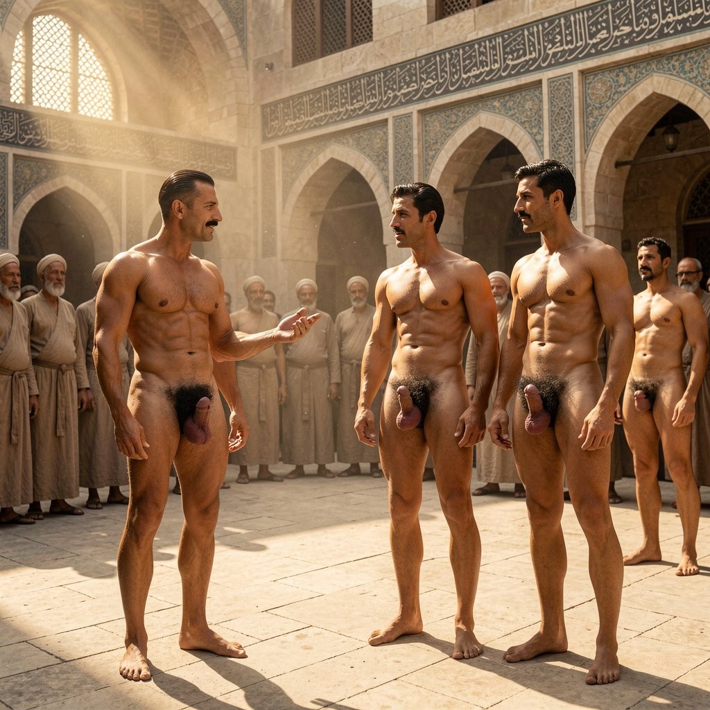 **

A hyper-realistic, photorealistic full-body photograph captured with a vintage large-format camera inside one of the majestic arcaded courtyards of Al-Azhar Mosque in Cairo at the end of the 1930s during golden hour. Intense warm golden sunlight pours dramatically through the high ornate arches and intricate mashrabiya screens from the upper left, creating powerful volumetric god rays that cut through the air, illuminating floating dust particles and casting rich, sculptural shadows across the ancient stone pavement and towering walls covered in exquisite bands of Quranic calligraphy in bold Kufic, elegant Thuluth and Naskh scripts, geometric patterns and lush vegetal arabesques.

In the immediate foreground, standing side by side and completely naked, are Errol Flynn and Masri. Errol Flynn, 30 years old, 1.86 m tall, 80 kg of perfectly sculpted lean athletic muscle at 6% body fat, radiates arrogant masculine beauty. His jet-black hair is impeccably slicked back with brilliantine, showing a subtle mature receding hairline with an elegant wave on the right. He has an ultra-thin, razor-sharp horizontal aristocratic black mustache, strong square jaw and piercing dark eyes. His smooth hairless torso displays broad powerful shoulders, thick dense pectorals, a dramatically carved eight-pack abdomen with deep linea alba and sharp Apollo’s belt, narrow 75 cm waist and powerful 50 cm thighs. A very dense triangle of jet-black curly pubic hair crowns his groin. His large 20 cm uncircumcised cock hangs heavy and thick between his strong legs with complete visibility and no obstruction whatsoever, shiny pink-purple glans half-exposed, prominent veins along the shaft and heavy low-hanging balls fully detailed under the golden light.

Masri, 35 years old, 1.72 m tall, 75 kg of compact dense Mediterranean muscle with rich olive-ceramic skin, stands confidently beside him, also entirely naked. His black hair is neatly combed, mustache impeccably trimmed. Thick dark chest hair covers his strong pectorals and trails down into an extremely dense, wild explosion of jet-black pubic hair that contrasts sharply with his skin. His thick 17 cm circumcised cock hangs fully visible and heavy between his muscular thighs, dark swollen glans, prominent veins and heavy balls covered in dense black curls, every anatomical detail crystal clear in the direct sunlight.

Masri speaks directly to Errol with calm authority and a subtle, knowing smile, gesturing with his right hand toward the figures standing immediately to their right while explaining the transformations of Cairo. He says: “La mezquita ha sobrevivido al Egipto moderno, mira estos hombres actuales a nuestro lado, mira cómo son. Cada ampliación y restauración cuenta una parte de la historia de la ciudad.”

To their immediate right, only a few meters away, stand three powerful naked men representing the modern Egypt of the 1930s. They have rich olive-bronze skin, short well-groomed black hair, perfectly trimmed thin mustaches and strong, confident modern Egyptian faces. Their bodies are exceptionally well-developed in a contemporary athletic style: very broad shoulders, massive rounded biceps and thick triceps flexed, thick striated pectorals, deeply carved eight-pack abdominals with sharp obliques, narrow waists, wide flaring lats, enormous quadriceps with perfect teardrop vastus lateralis, diamond-shaped calves and prominent traps. Their chests show moderate dark hair that becomes an extremely dense, thick black pubic bush crowning their groins. Their large, heavy cocks (two of them semi-erect and thick, around 19-21 cm) hang prominently and completely visible between their powerful thighs, with swollen glans, thick veins, visible foreskin and heavy low-hanging balls, every anatomical detail sharply captured by the golden sunlight. They stand in proud, modern poses with perfect posture and visible vascularity, looking directly at Errol and Masri with calm contemporary authority, as if they represent the current Egypt that continues to expand and restore Al-Azhar.

In the wider background, filling the vast sunlit courtyard and shaded arcades, dozens of senior imams, scholars and community leaders also stand completely naked in strong poses, arms flexed, muscles tensed, dense pubic hair and prominent cocks fully visible, participating in the discussion about the transformations of Cairo and the endurance of Al-Azhar through all eras up to the modern period.

Every single person in the entire scene — Errol Flynn, Masri, the three modern Egyptian men beside them and all the men in the background — is completely nude, with cocks, balls and dense pubic hair clearly, explicitly and unobstructed from the front. The golden sunlight catches every bead of sweat, every vein, every muscle striation, every hair and every genital detail with absolute photorealistic precision. The sacred historic architecture, the proud naked muscular bodies and the intense masculine energy create a profoundly anachronistic, powerful and deeply erotic atmosphere.

Cinematic color grading with rich warm golden and earthy stone tones, perfect perspective, extreme sharpness, intricate skin texture, visible pores and individual hairs, high dynamic range, zero distortions and maximum realism. Strong emphasis on the complete, unobstructed visibility of all tensed muscles, vascularity, dense body and pubic hair, and especially all the cocks and balls throughout the image, with special focus on the three imposing modern Egyptian men standing right beside Errol and Masri.