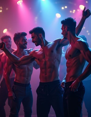 Un grupo de chicos, con cuerpos tonificados y definidos, se dejan llevar por el ritmo intenso de la música tecno en una fiesta chill homoerótica, tras el consumo de estimulantes se quitan las camisetas y embriagados miran sus cuerpos de gimnasio con lujuria. 