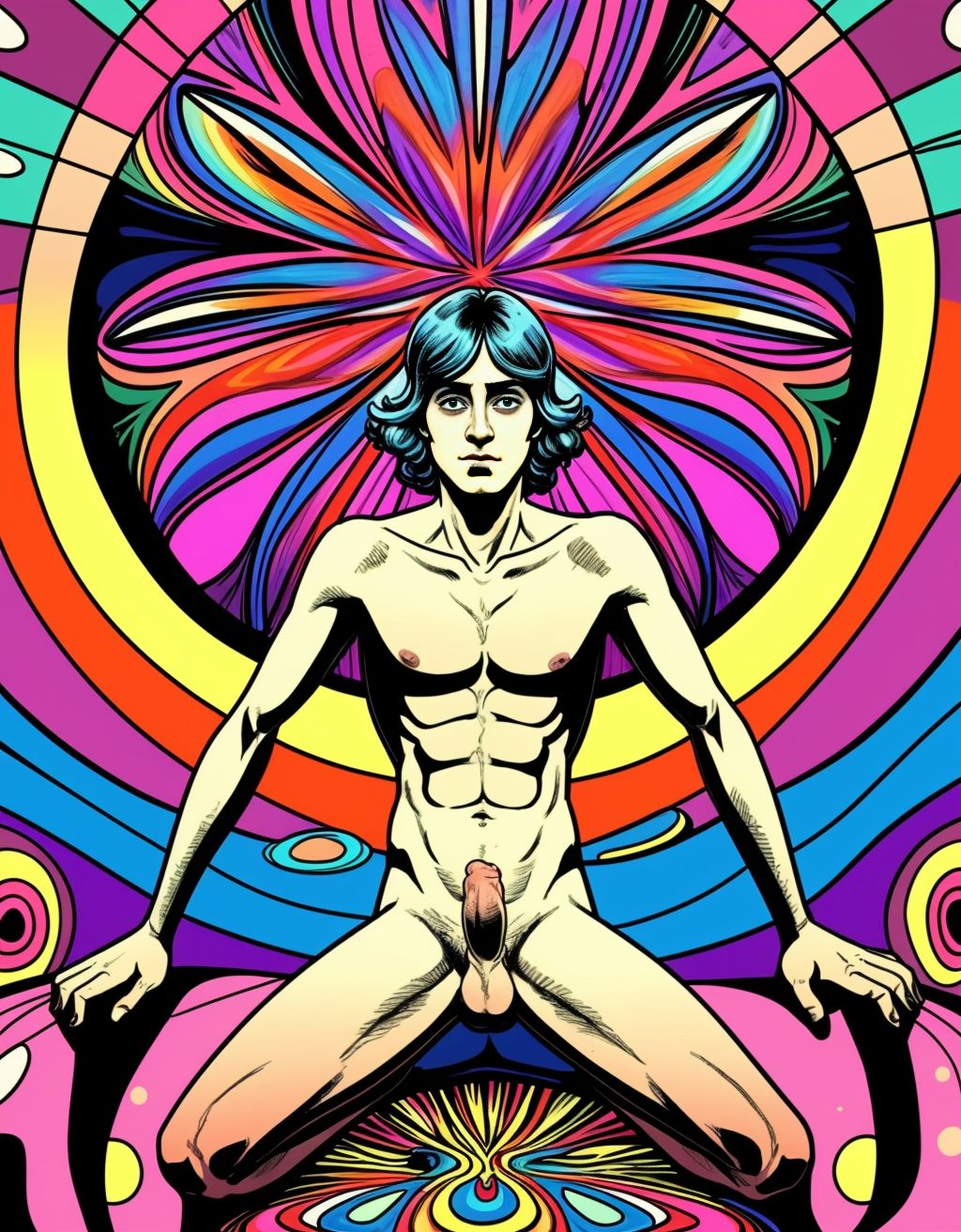 Pov.Hombre desnudo en una discoteca, efecto psicodélico, psicodelia