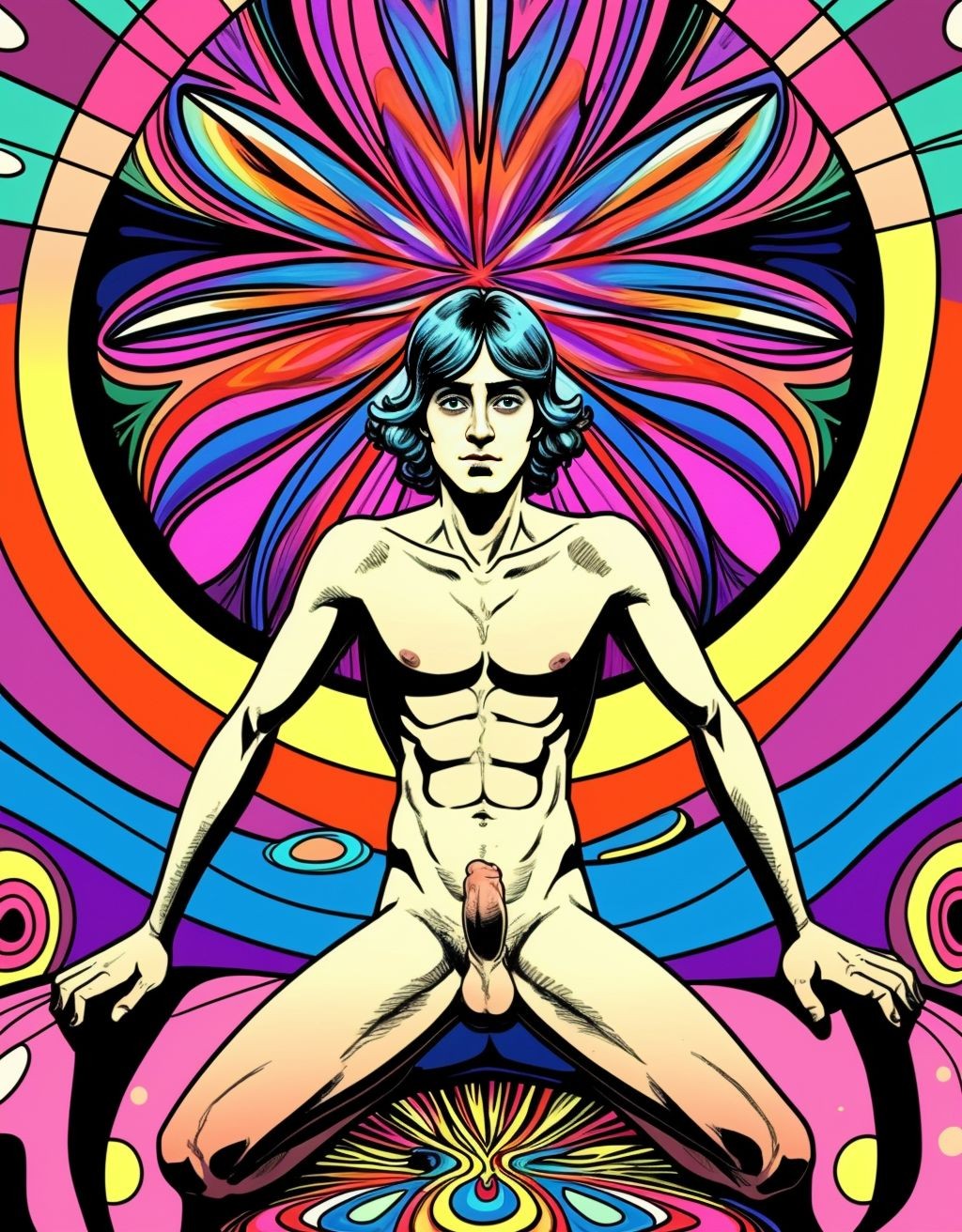 Pov.Hombre desnudo en una discoteca, efecto psicodélico, psicodelia