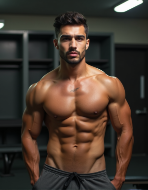 Chico árabe joven de 19 años, cuerpo atlético y musculoso, piel morena, torso desnudo y definido, cara arrogante y atractiva, pelo oscuro corto y bien arreglado, expresión desafiante, cejas marcadas, labios gruesos, pantalón de deporte bajado mostrando ropa interior ceñida, luz de vestuario de gimnasio, fondo con banco y taquillas, ambiente masculino, detalles realistas, sin censura.