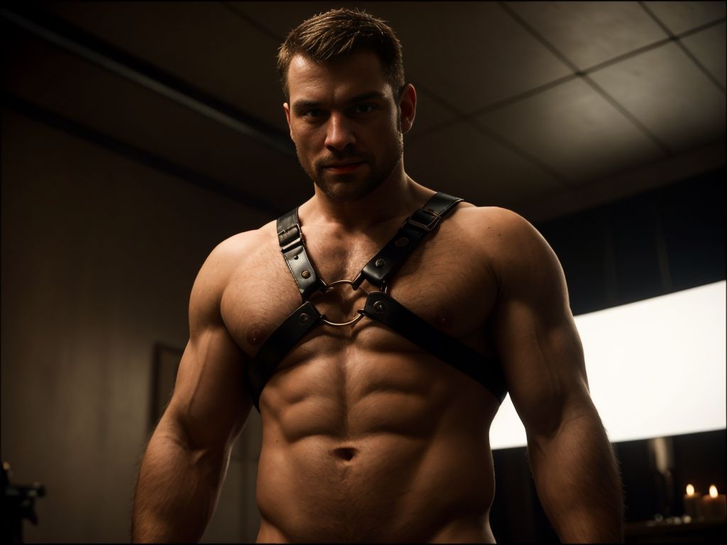 Hombre con arnés, en una habitación bdsm llena de dildos diferentes, estilo cómic. 