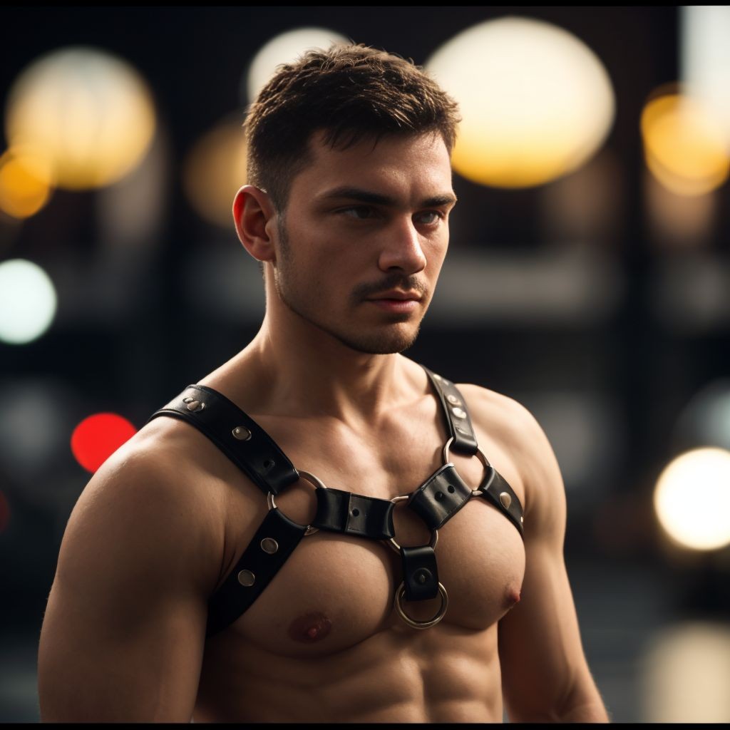 Hombre de 25 años desnudo con arnés. Estilo cubista, comic y pop art