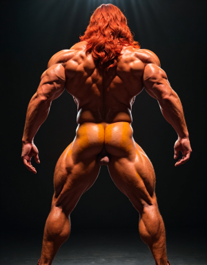 Hombre rojo desnudo musculoso, tiene pene rojo, tiene testículos rojos. Tiene sandalias rojas. Tiene mucho vello rojo. Tiene pelo largo pelirrojo.