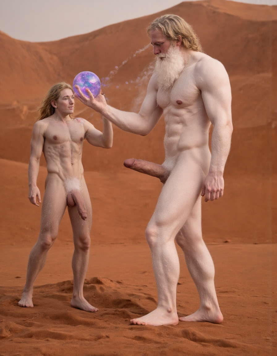 Enrique es un hombre muy delgado de 50 años, tiene cabello largo con canas blancas, tiene barba blanca abundante y larga. Está totalmente desnudo, en su mano izquierda lleva una bola de cristal donde se reflejan luces mágicas. Tiene un cuerpo muy delgado con músculos marcados y definidos. 💪🏼. Tiene un pene erecto de 36,8 cm de longitud y 7,9 cm de diámetro. Tiene mucho vello corporal blanco que cubre su pecho brazos y piernas. Está en la arena del desierto entre grandes dunas de arena color terracota.

Federico es un hombre delgado de 32 años con una barba rubia oscura abundante , está totalmente desnudo, tiene un cuerpo atlético y vigoroso, tiene mucho vello corporal rubio oscuro que cubre su pecho y también sus brazos y sus piernas, tiene una barba muy poblada de pelo rubio oscuro. Federico está en la arena del desierto. Tiene un pene erecto de 35,5 cm de longitud y 8,8 cm de diámetro que sobresale por encima de sus testículos que están a la vista y son muy peludos. Penes están erectos y excitados sexualmente.
