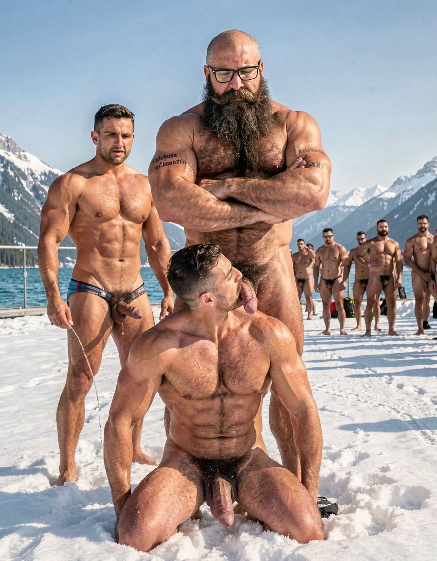 hyperrealistic cinematic photograph, bright sunny winter day at Lake Louise with turquoise water and snow-capped Rocky Mountains in the background, snowy path with a crowd of naked men watching silently from a distance. Hipsterbarba stands completely dominant in the center, 40 years old, 180cm, 80kg, 8% bodyfat, powerful muscular bear physique covered in dense dark body hair across chest, shoulders, abs and thighs, extremely long thick Bandholz beard reaching almost to his chest, curled handlebar mustache, black glasses, small tattoo “hipsterbarba” on right bicep, arms crossed over his hairy chest, cold superior expression, looking down. Directly in front of him, Ferran is on his knees in the snow, 30 years old, peak competition physique at 5% bodyfat, massive separated pecs, razor sharp six-pack, narrow waist, highly vascular arms, dark chest hair between pecs and thick pubis, square jaw, modern fade haircut, prominent curled handlebar mustache, thick heavy cock hanging low between his muscular hairy thighs. Ferran has his face pressed close to Hipsterbarba’s crotch, tongue fully extended licking his heavy hairy balls with careful slow strokes, eyes looking up in submission. To the left side stands Anil, 25 years old, extreme bodybuilder slave, 175cm, 80kg, 6% bodyfat, massive 127cm chest, sharp eight-pack, narrow 60cm waist, dramatic V-taper, completely smooth skin from the neck down, thick semi-erect cock pulled forward and dripping long strings of precum due to the tight metal cock ring at the base, small tattoo “Hipsterbarba mi amo” on right bicep, head bowed in total submission, trembling slightly. Sharp sunlight creating dramatic shadows that highlight every muscle, vein, body hair, sweat droplets and the wet shine of Ferran’s tongue on the balls. Perfect anatomy and proportions, zero distortions.