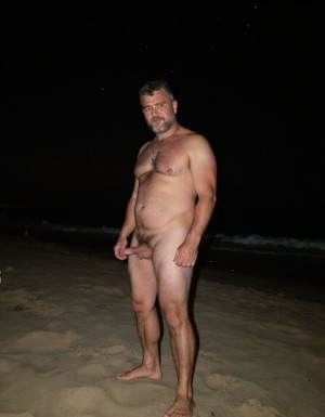 Una playa solitaria, en la noche, con un cielo estrellado,  un hombre de 60 años, pelo corto grisáceo, cara seria, atractiva, mirada profunda, segura, sonrisa pícara,  barba corta grisácea, de pie, desnudo, brazos fuertes, torso velludo de color gris, pectorales marcados con una buena capa de vello gris, barriga redonda dura adornada de vello gris, pubis depiladas, polla de 25 cm morcillona colgando entre sus piernas, muslos fuertes , y cadena colgando de una mano, se le ve el cuerpo entero perfectamente, es super velludo y rudo, 