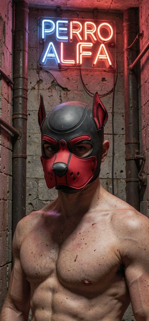 Un hombre musculoso aparece de torso desnudo en un entorno industrial estrecho, con paredes de hormigón desgastado, tuberías verticales y una iluminación rojiza que crea una atmósfera intensa y underground. Lleva una máscara de perro de cuero negro y rojo, ajustada al rostro, con orejas puntiagudas, hocico prominente, remaches metálicos y aberturas para los ojos que dejan ver una mirada seria y dominante. Sobre su cabeza brilla un letrero de neón azul y rojo con el texto “PERRO ALFA”, reforzando una estética fetichista, urbana y de poder. La piel marcada, el pecho definido y la postura frontal transmiten fuerza, seguridad y presencia intimidante.