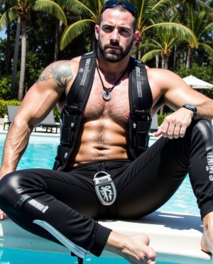 Hombre prostituto de alto standing, tiene 35 años, moreno, blanco, maculino, velludo, barba oscura y corta,  con gafas en la cabeza, tatuado... Se encuentra sentado al borde de la piscina en un complejo gay de lujo de California. Se exhibe y mira con atención a su entorno en busca de posibles clientes, lleva pantalón de chandal con aspecto  de cuero y un chaleco estrecho a juego, marca pezones. Dos hombres maduros en albornoz lo observan con interés desde la distancia. 