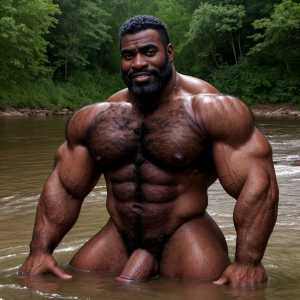 Hombre centauro masculino, piel oscura, musculoso, cuerpo muy grande, meando en un río con un pene muy grande, erecto y velludo, pecho velludo, brazos velludos, con expresión de alivio en su rostro, muy masculino.