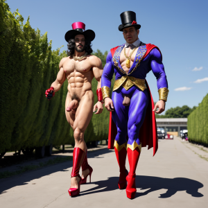 Dos hombres machos musculosos desnudos muy viriles con pene grande y testículos grandes y peludos. Caminando 10 ⛓️⛓️ 🍇 🍒 🌞 👠👠 🎩 👒🦸🏻‍♂️👑