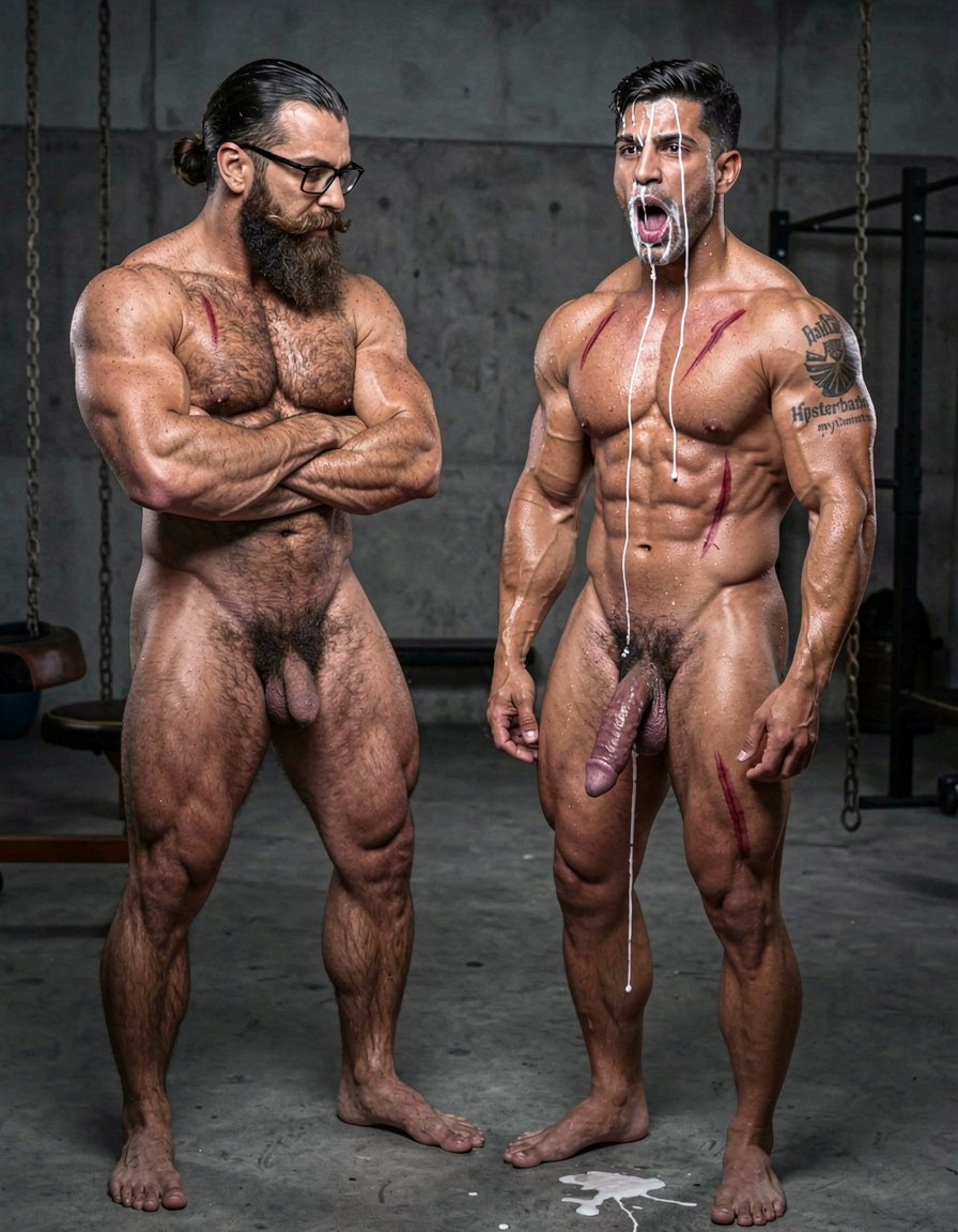 Hyperrealistic cinematic photograph, full body frontal view, perfect anatomy and proportions with zero distortions. Dark brutal dungeon gym with concrete floor, hanging chains and BDSM equipment softly blurred in the background. Dramatic side lighting, high contrast, sweat and cum glistening on skin.

Hipsterbarba stands on the left, 40 years old, 180cm, 80kg, 8% body fat, powerful muscle bear physique completely naked and covered in dense dark body hair on chest, shoulders, abs and thighs. Long thick Bandholz beard, curled handlebar mustache, black glasses, arms crossed, dominant and satisfied expression while looking down at your slave.

Anil stands right in front of you, 25 years old, extreme bodybuilder slave, 175cm, 80kg, 6% body fat, completely smooth tanned skin from the neck down. Massive 127cm chest, eight-pack abs with fresh red whip marks, 47cm veiny arms, tiny 60cm waist, wide V-taper, round 90cm glutes and 70cm quads. He stands at full attention, head up, staring directly into your eyes with pure submissive adoration and fear. His mouth is wide open, tongue slightly out, completely covered in thick white cum: heavy ropes of semen dripping from his forehead, eyebrows, nose, cheeks, lips and chin, running down onto his huge pecs. The metal cock ring is tight around the base of his swollen, purple, semi-hard cock that leaks a long string of precum onto the concrete floor. Fresh whip marks across his shoulders and abs. The tattoo 