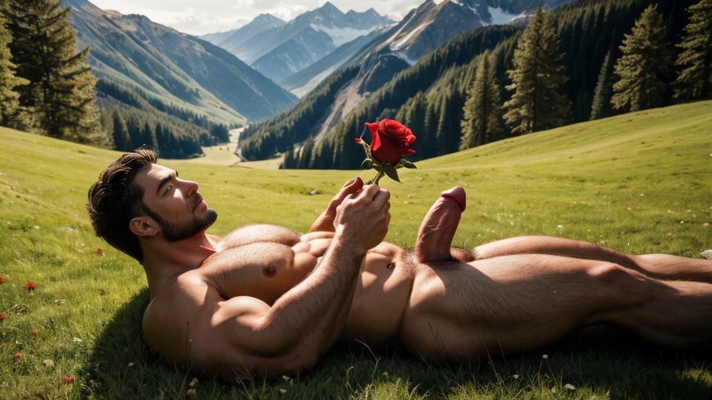Hombre desnudo acostado en la hierva del monte. Se ve todo el cuerpo. Tiene dos testículos muy grandes y peludos. Es un hombre musculoso. Su mano está hacia arriba acariciando su pene, está acariciando con la mano. Foto apaisada de alta calidad resolución 4K.Es una foto de ultra alta calidad resolución 4K. Hombre desnudo acostado en la hierva del monte. Tiene sandalias marrones en los pies. En la mano tiene una rosa roja.