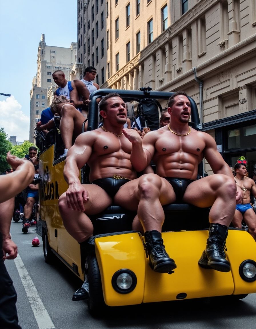 Subidos en una carroza durante el orgullo de Nueva York, hombres vestidos de cuero, semidesnudos, muy musculosos,  hacen gestos obscenos y experimentan posturas sexuales ante un público enfervorecido. 
