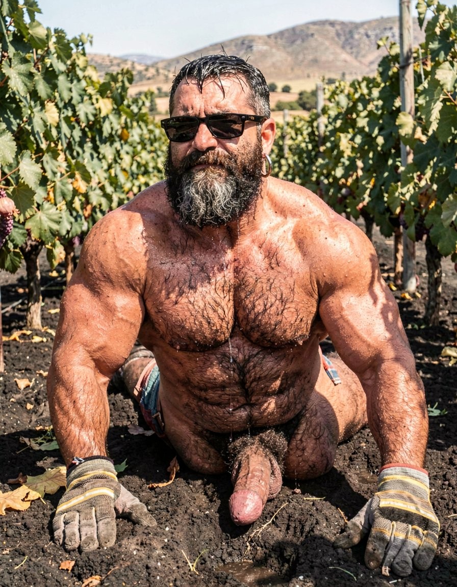 In the brutal direct midday Mediterranean sun of a Santorini vineyard, 32-year-old Greek worker Dimitris lies completely flat and face-down on the hot black volcanic soil between rows of Assyrtiko vines, his massive competition physique at 5% body fat pressed hard against the earth. His thick black beard is smeared with dark dust, short jet-black hair with sharp faded sides turned to one side, silver hoop earring catching the light, and dense black body hair matted with sweat across his wide back, traps, lats and powerful legs. He remains completely naked except for grey work gloves with yellow and white stripes, his muscular arms stretched forward and his hard round hairy glutes slightly raised as 45-year-old Hipsterbarba mounts him from behind. Hipsterbarba, extremely muscular and fibrous at 8% body fat with long salt-and-pepper hipster beard, black thick-rimmed glasses and highly vascular hairy body, has his thick erect cock buried deep inside Dimitris’ tight hairy asshole, the penetration explicit and raw with the sphincter stretched around the shaft. Sweat pours down both men under the harsh overhead sunlight creating strong specular highlights on wet black body hair, glistening skin and tensed muscles while the volcanic soil clings to their bodies. Hyper-realistic full-body vertical photograph with perfect unflawed anatomy and proportions, completely uncropped from the dirty bare feet sunk in the earth all the way to the tops of their heads, razor-sharp photorealistic detail, dramatic cinematic lighting with deep anatomical shadows and intense dominant masculine sexual energy.