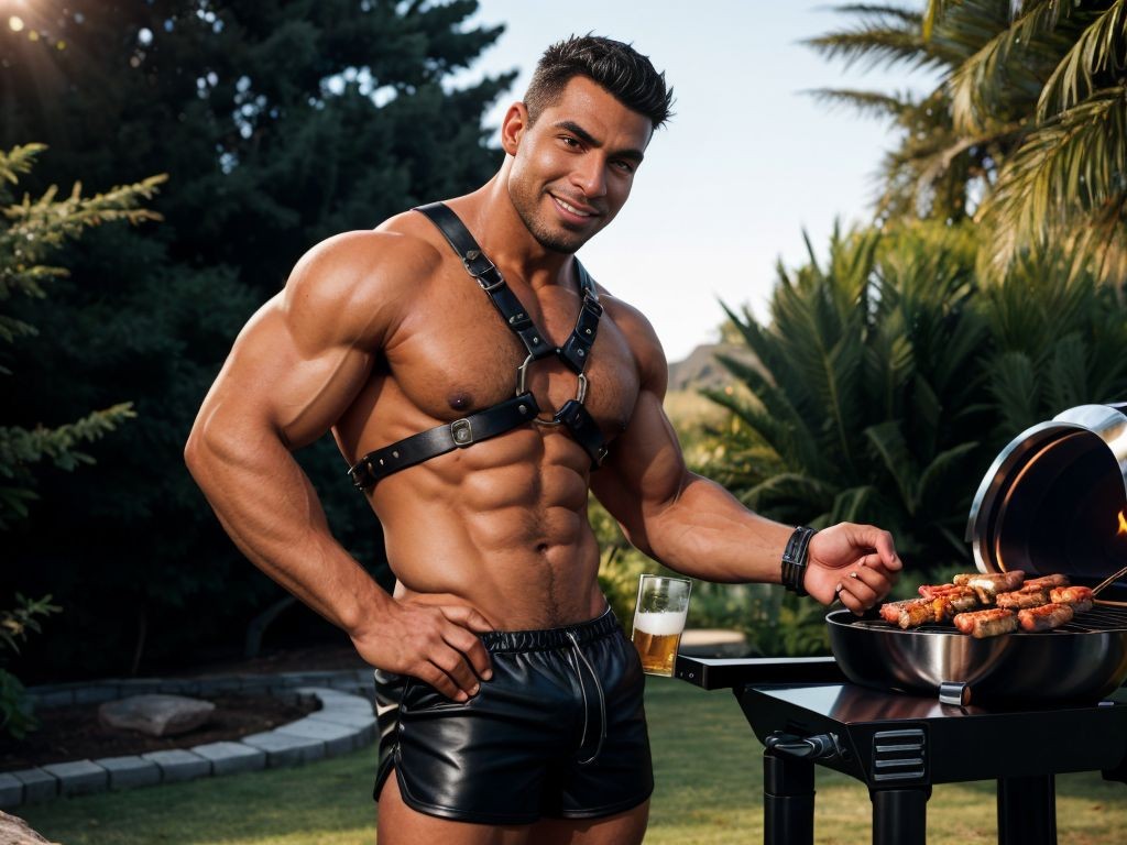 Hombre musculoso con arnés de cuero negro, torso desnudo, preparando una barbacoa al aire libre, con una parrilla de carbón, cerveza al lado, shorts ajustados, piel bronceada, ambiente relajado y soleado.